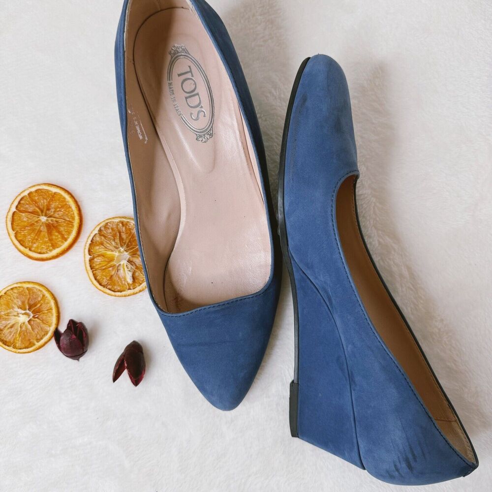 Tods Womens Shoes Blue Suede Wedge Heels Gomma T50 Zappa Classic 35